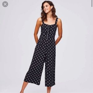 LOFT Button Front Black Wide Leg Cropped Jumpsuit